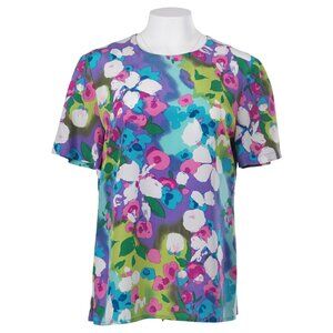 DIANE VON FURSTENBERG Vtg Top M Abstract Floral Print Silk Short Sleeve Blouse